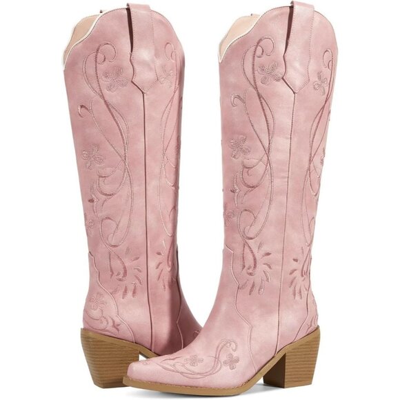 Women's Vintage Gentle Pink Floral Embroidered Classic Chunky Heel Tall Boot - Picture 2 of 6